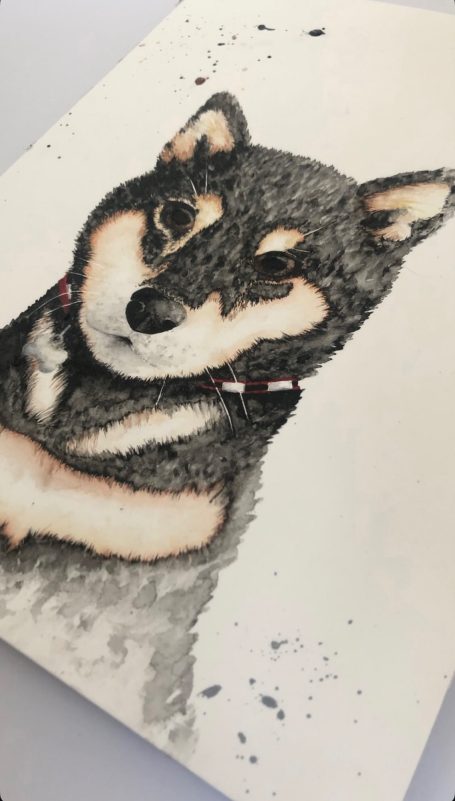 Porträt eines Shiba Inu mit einem neugierigen Ausdruck und detailreicher Fellzeichnung.