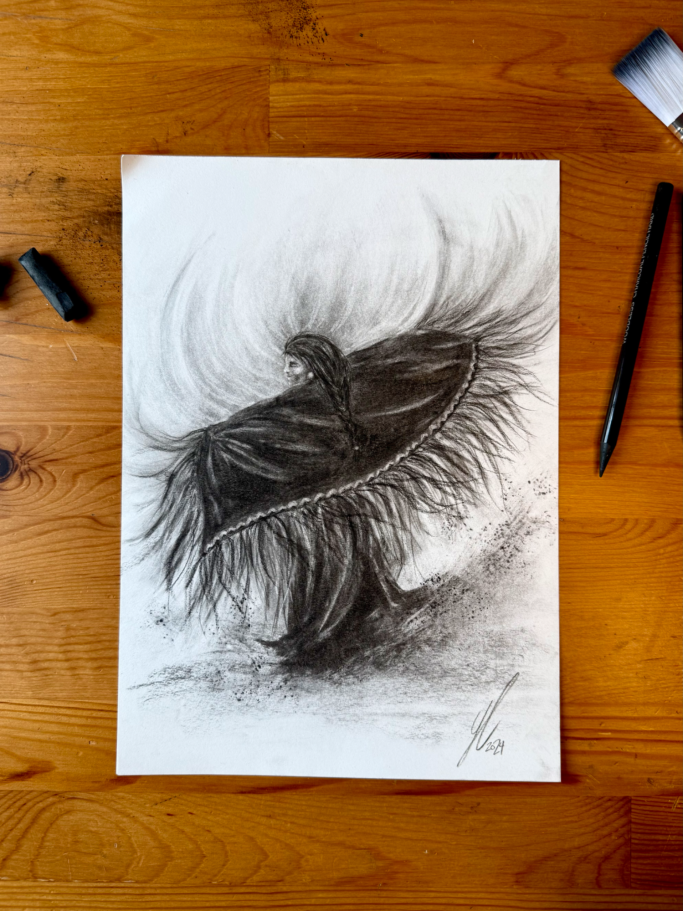 Skizze eines mystischen Charakters mit einem langen, fließenden Umhang und dynamischen Linien.