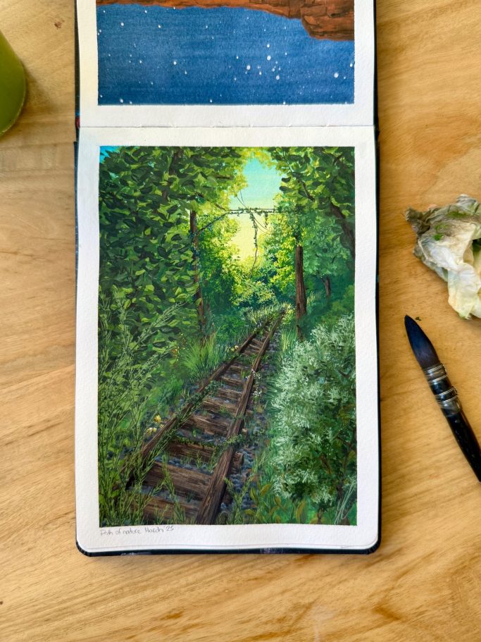 Ein malerischer Weg durch einen grünen Wald mit einer Bahntrasse im Vordergrund.