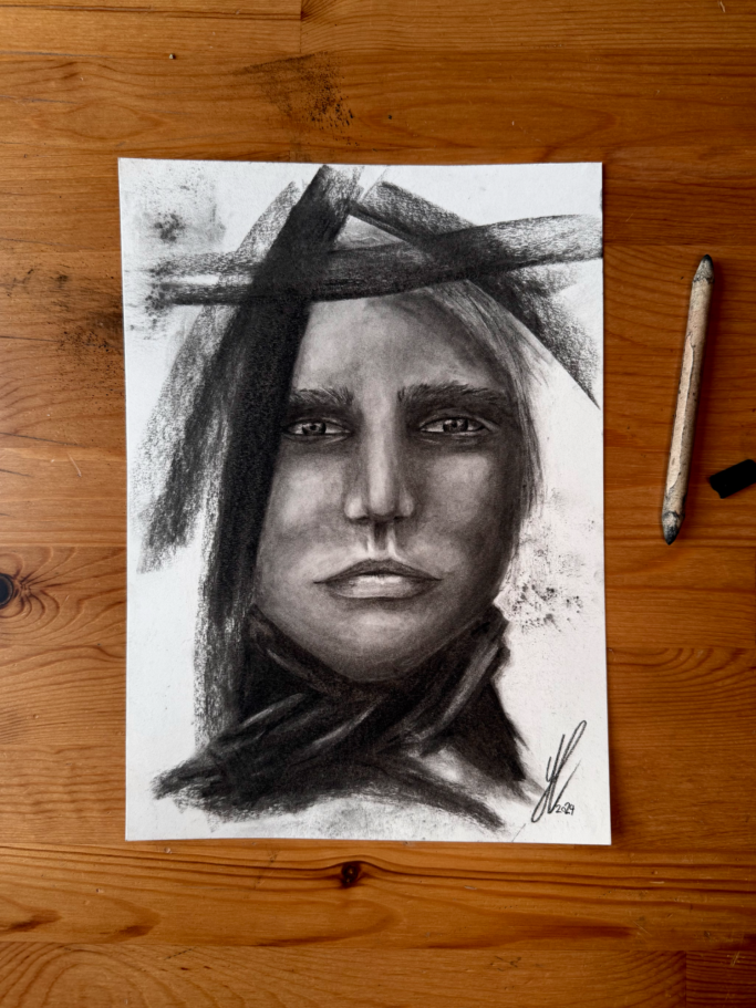 Porträt einer Person mit intensiven Gesichtszügen und abstrakten schwarzen Linien.