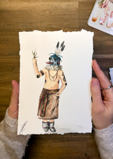 Eine bunte Zeichnung eines jungen Mannes in traditioneller Kleidung mit einer rauchenden Hand.