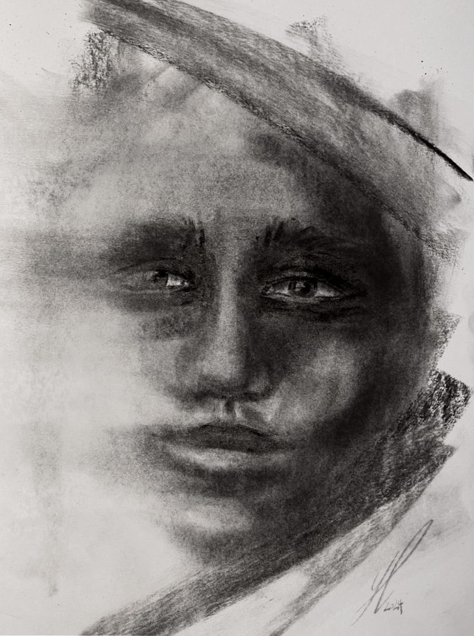 Schwarz-weiße Zeichnung eines gesichtlichen Portraits mit intensiven Schatten.