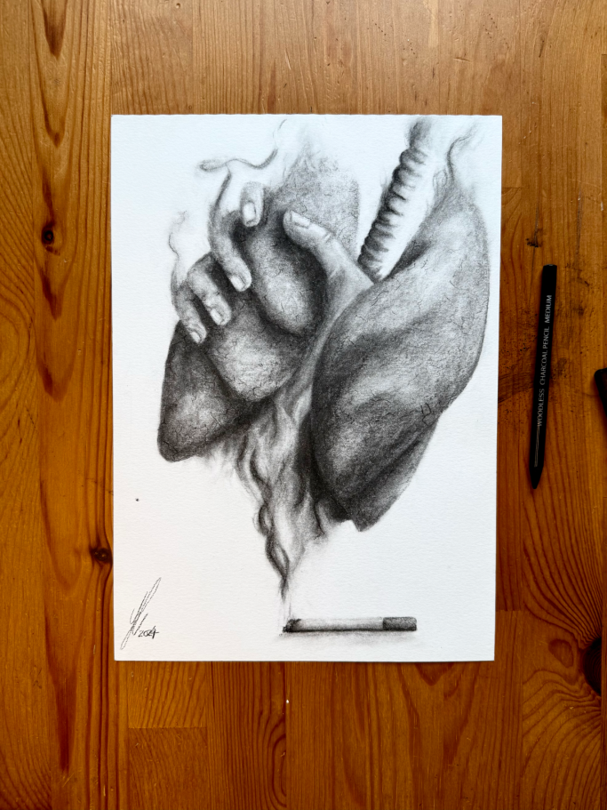 Eine skizzenhafte Darstellung eines Herzens und einer Hand, umgeben von Schattierungen.