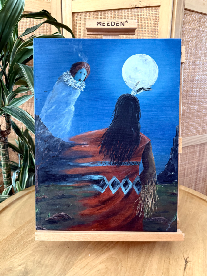 Eine Person mit langen Haaren blickt auf den Mond, während eine schwebende Figur erscheint.